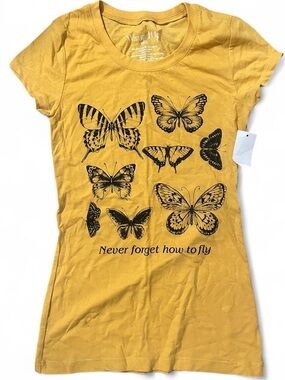 Women's Mustard Yellow Butterfly Graphic Tee - Never Forget How To Fly (NWT)